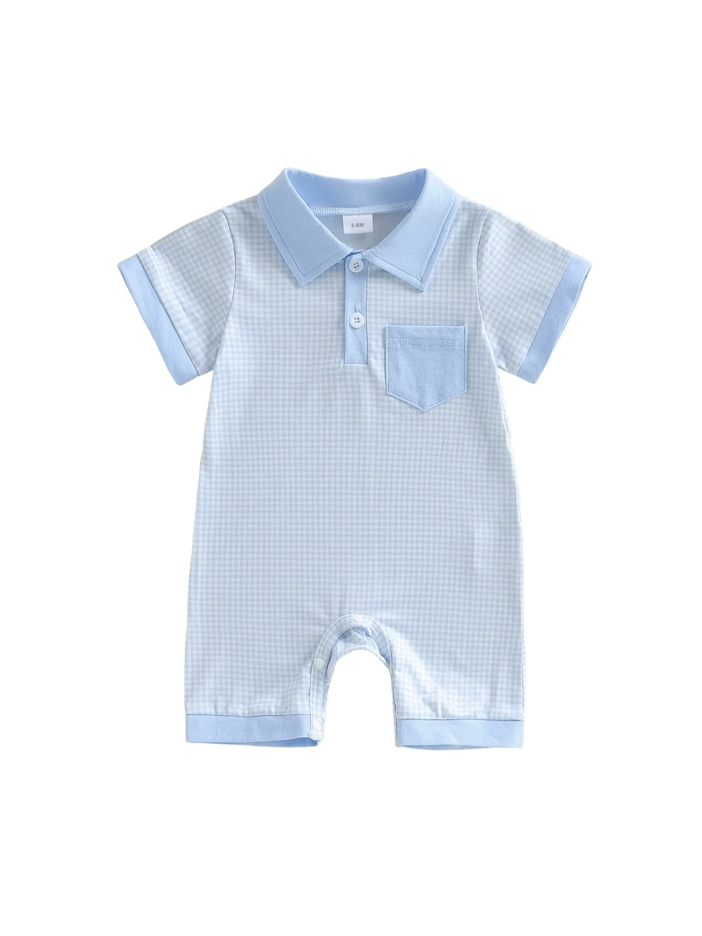 Toddler Boy Romper Lapel Collar Short Sleeve Checkered Print Upper Button Jumpsuit with Pocket Detail