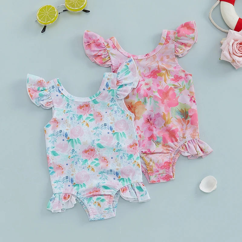 Toddler Girls  Swimsuit with Ruffle Sleeves and Cute Floral Print UPF 50 Sun Protection Baby Girls Swimwear