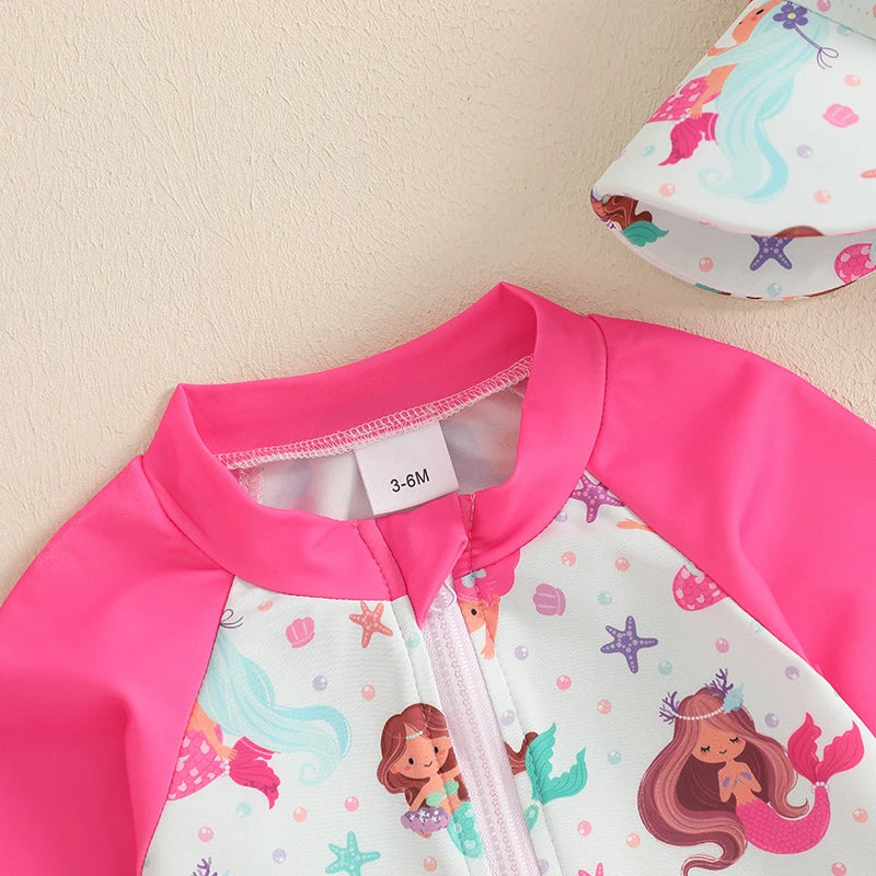 Baby Boy Rash Guard Swimsuit with Hat 2 Pcs Set Shark Pattern Zip Up Long Sleeve Crew Neck Toddler Boy Swimwears