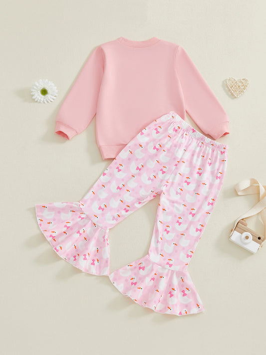 Girls 2-Piece Outfit Floral Embroidered Sweater with Matching Jogger Pants Set Featuring Cute Bunny Print