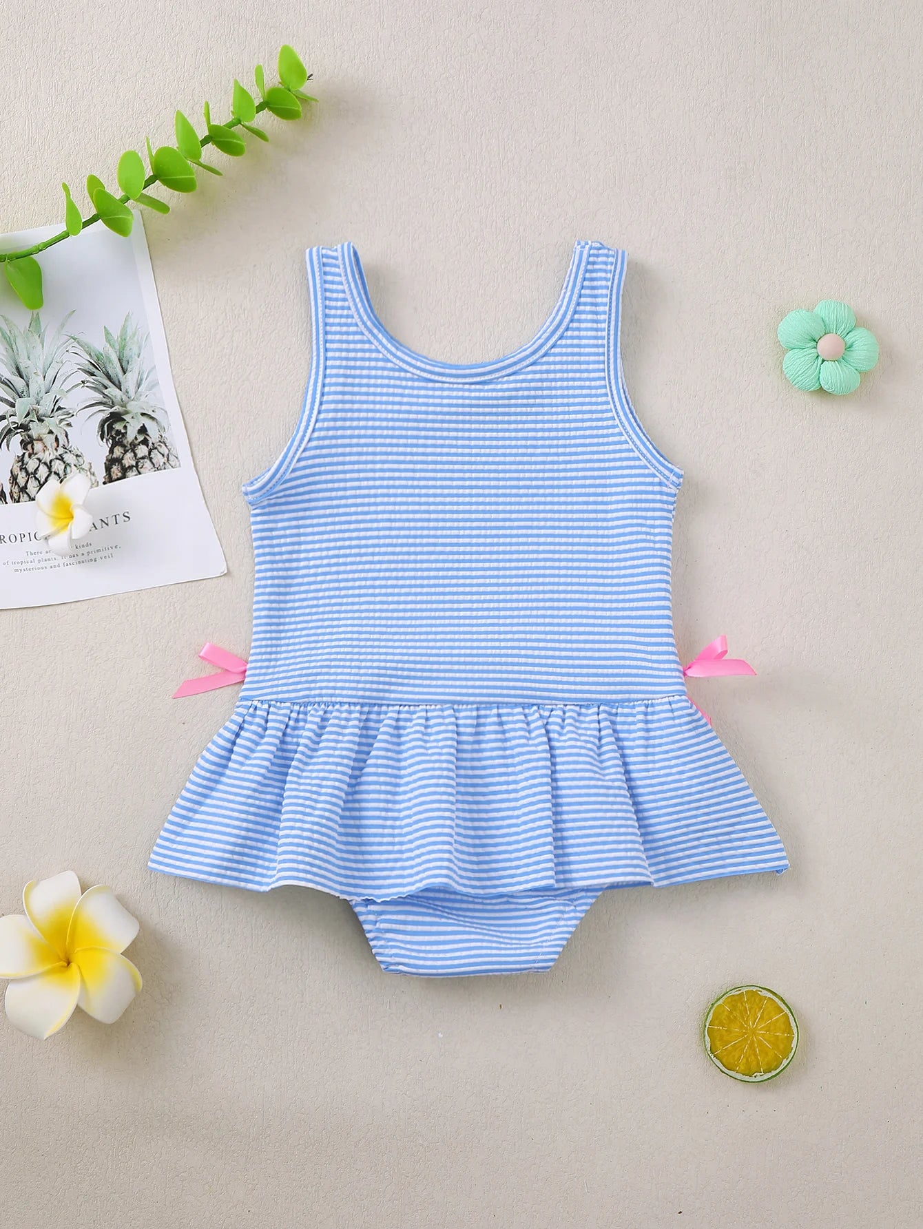 Baby Girl's Solid Stripe One-Piece Swimsuit Sleeveless Bodysuit for Toddlers And Kids
