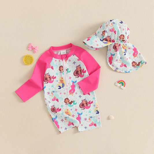Baby Boy Rash Guard Swimsuit with Hat 2 Pcs Set Shark Pattern Zip Up Long Sleeve Crew Neck Toddler Boy Swimwears