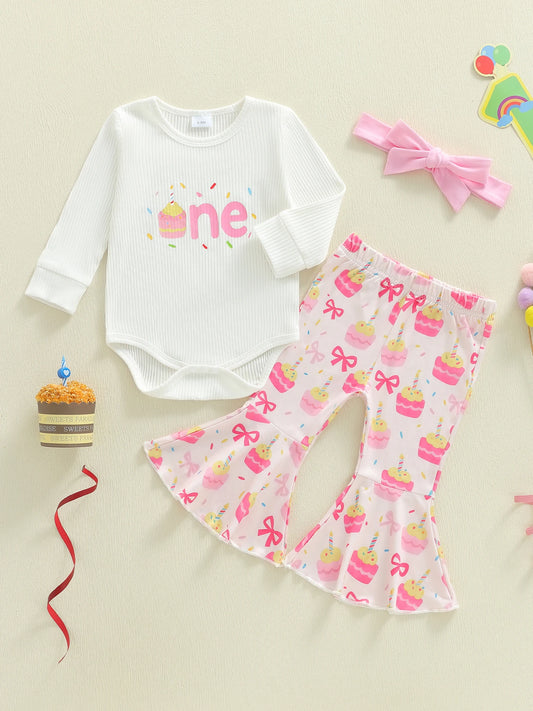 Adorable Baby Girl Birthday Outfit with Long Sleeve Romper Cake Pattern Flare Pants and Bow Headband - 3 Piece Set for a