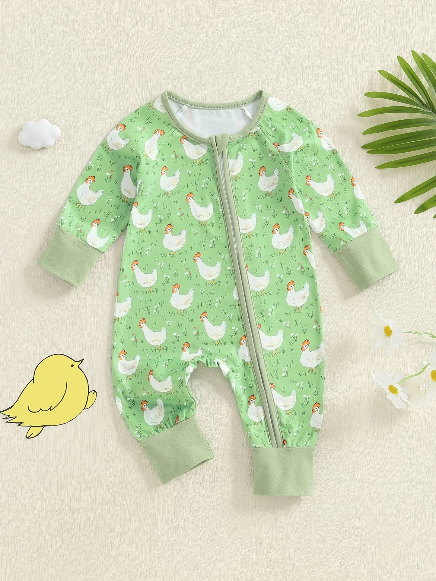 Adorable Toddler Bunny Print  Baby Long Sleeve Round Neck Front Zip Romper with Matching Bow Headband