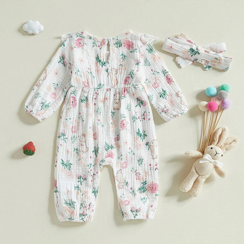 Adorable Baby Girls Romper Long Sleeve Jumpsuit and Matching Headband Set for Toddler