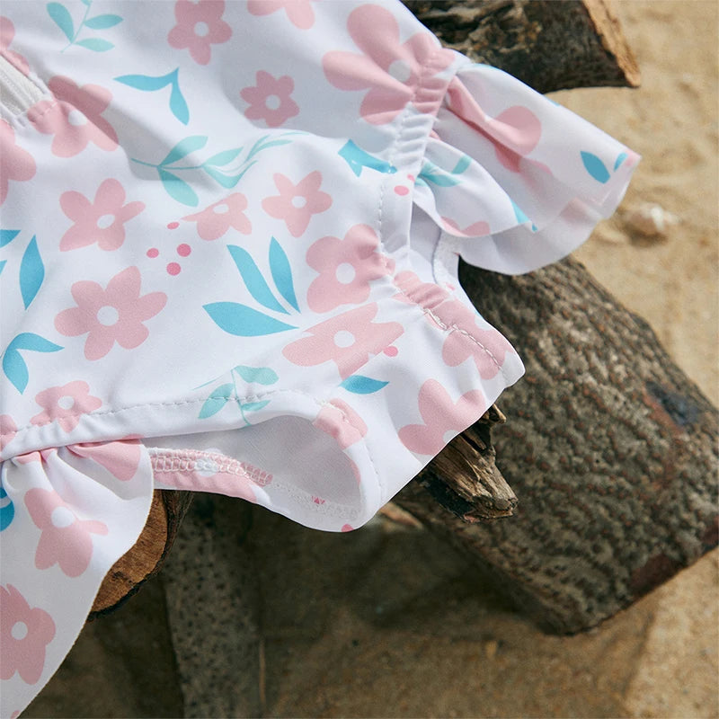 MISOWMNJOY Floral Print Kids Baby Girls Swimsuits Summer Kids Beachwear Long Sleeve Ruffle Bathing Suit Infant Swimwear with Cap
