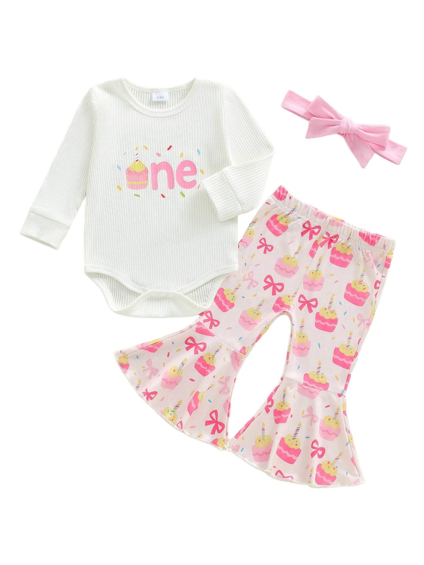 Adorable Baby Girl Birthday Outfit with Long Sleeve Romper Cake Pattern Flare Pants and Bow Headband - 3 Piece Set for a