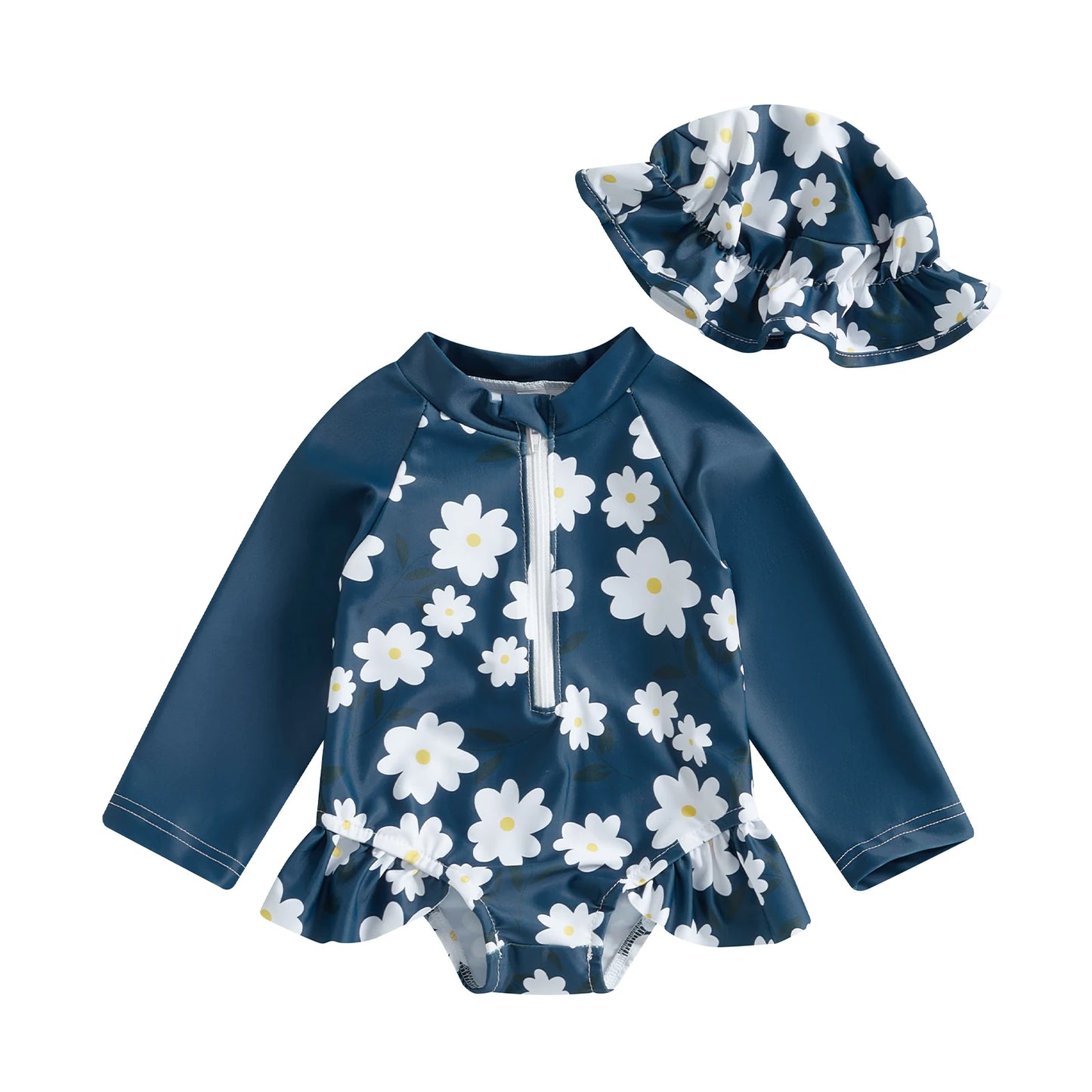 MISOWMNJOY Floral Print Kids Baby Girls Swimsuits Summer Kids Beachwear Long Sleeve Ruffle Bathing Suit Infant Swimwear with Cap