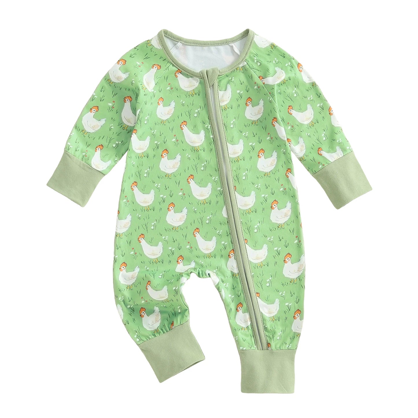 Adorable Toddler Bunny Print  Baby Long Sleeve Round Neck Front Zip Romper with Matching Bow Headband
