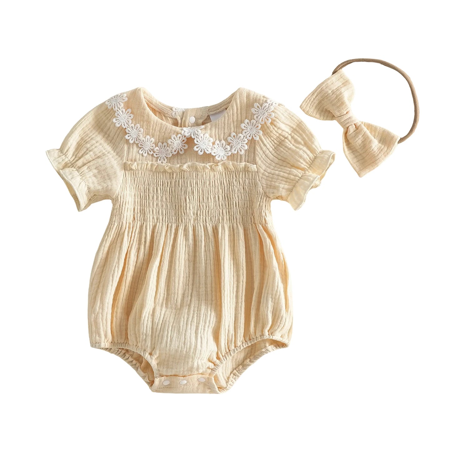 FOCUSNORM 0-18M Lovely Baby Girls Summer Romper Fashionable Flower Trim Short Bubble Sleeve Smocked Jumpsuit with Headband