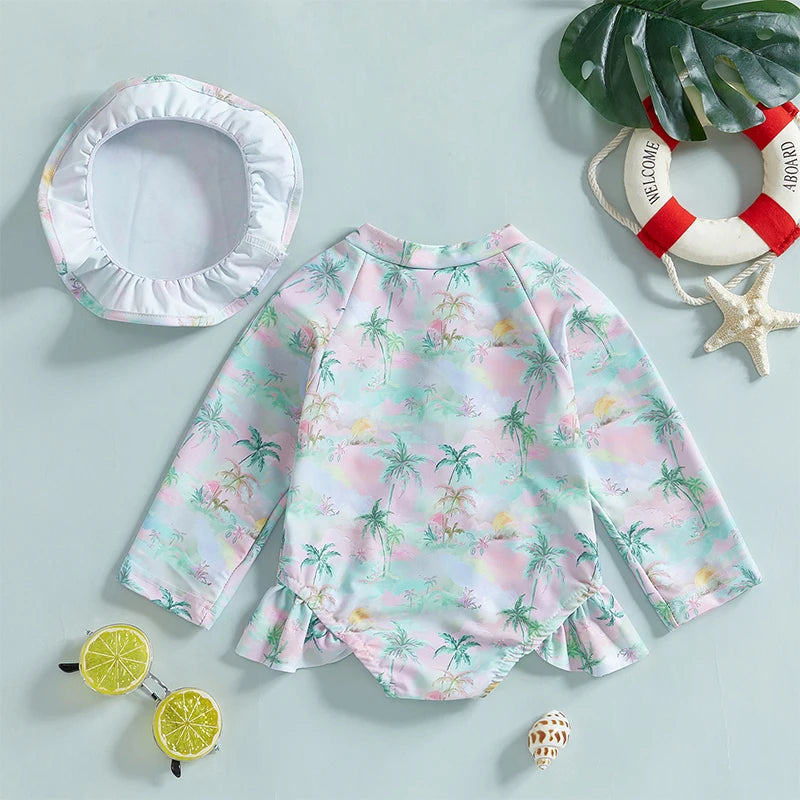Baby Girls Swimsuit with Long Sleeve Rash Guard and Ruffle
