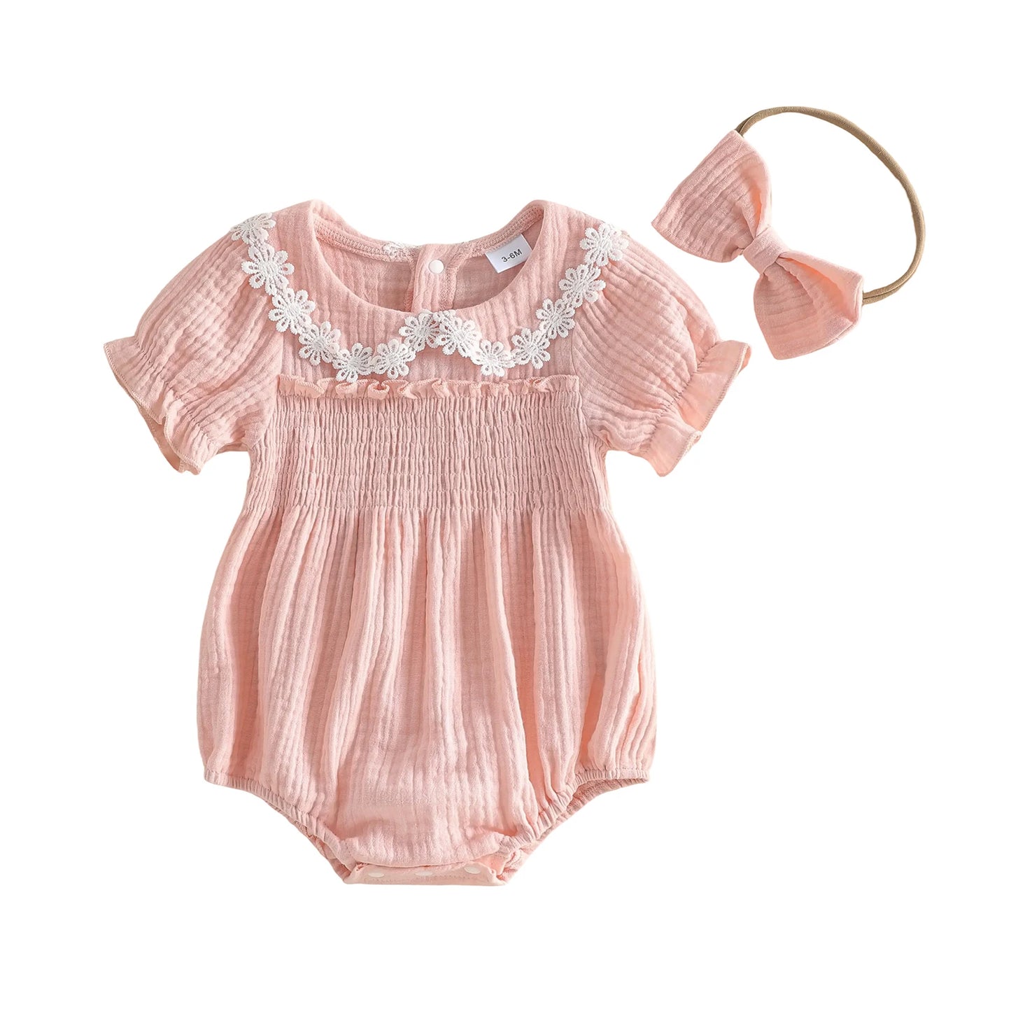 FOCUSNORM 0-18M Lovely Baby Girls Summer Romper Fashionable Flower Trim Short Bubble Sleeve Smocked Jumpsuit with Headband