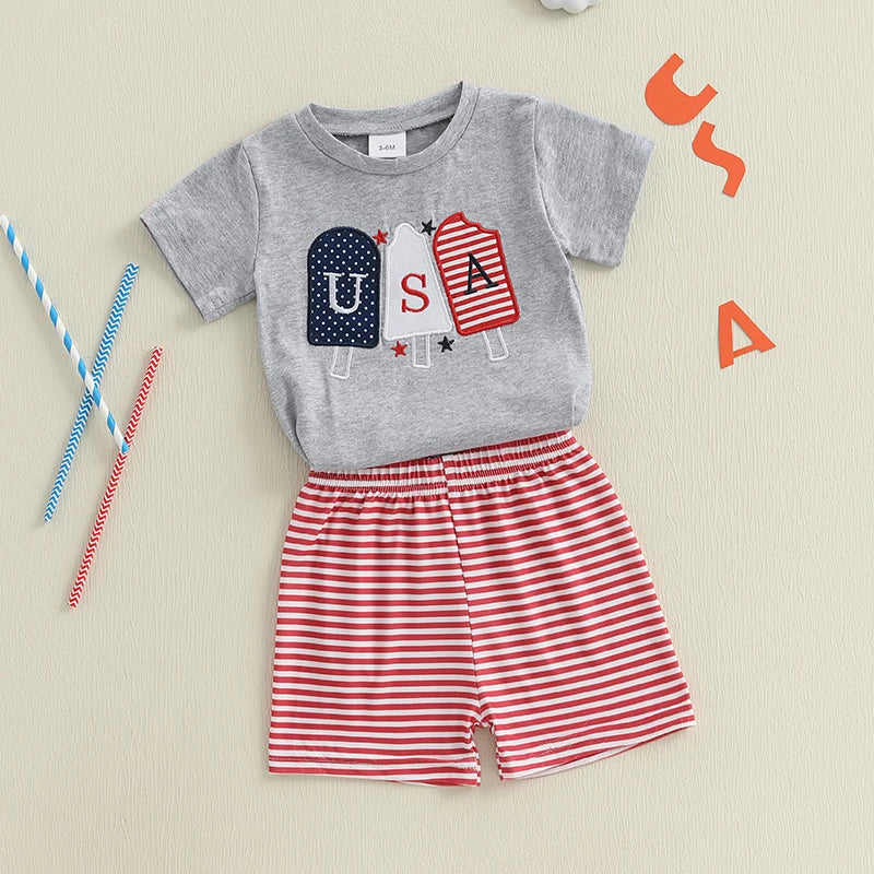 Toddler Baby Boy Girl 4th Of July Outfit USA Popsicle Short Sleeve Patriotic Tshirt Striped Shorts Independence Day Clothes