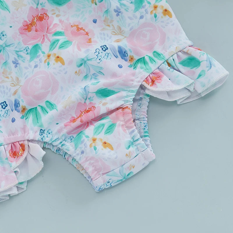 Toddler Girls  Swimsuit with Ruffle Sleeves and Cute Floral Print UPF 50 Sun Protection Baby Girls Swimwear