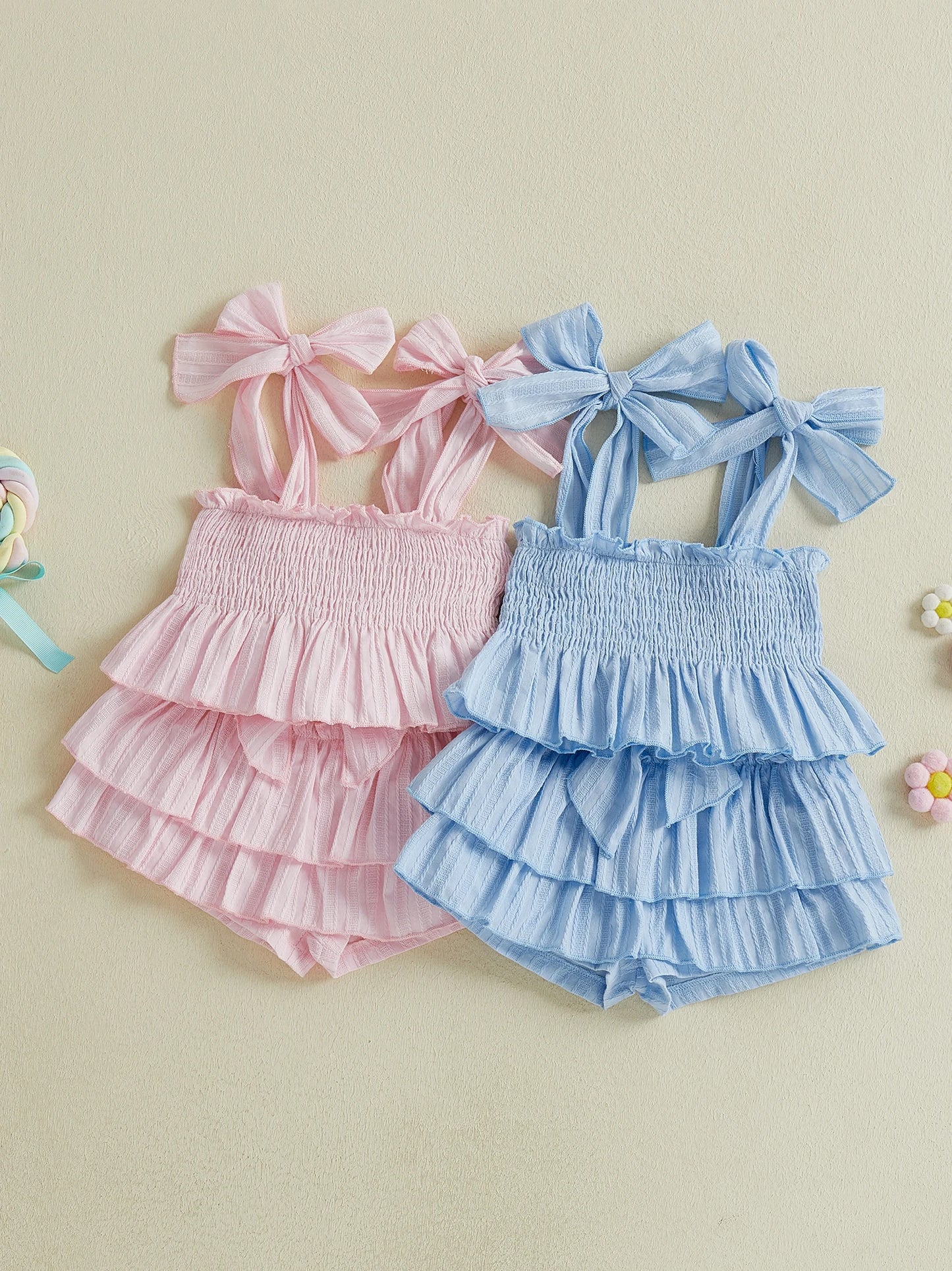 2Pcs Toddler Girls Summer Set Sleeveless Bow Tie Strap Solid Color Smocked Vest Tops and Ruffled Skort Outfit