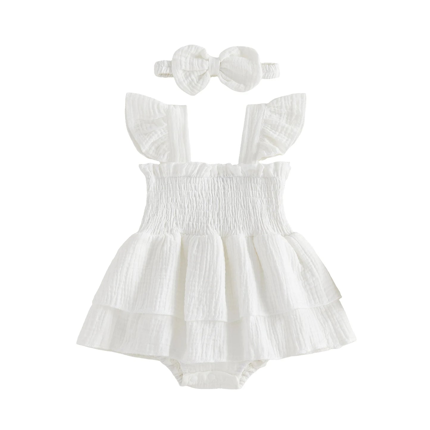 Adorable Toddler Girl Floral Print Ruffle Sleeve Romper Dress with Matching Bow Headband 2 Piece Outfit Set for Summer Fun
