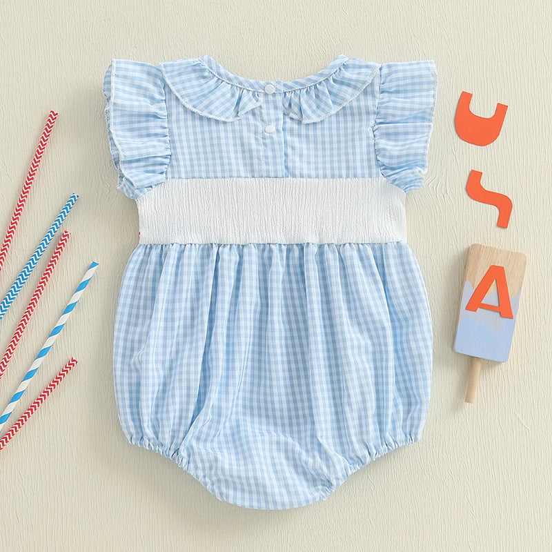 Adorable Infant American Flag Romper with Embroidered Stars and Stripes Perfect for Fourth of July Celebrations and Family