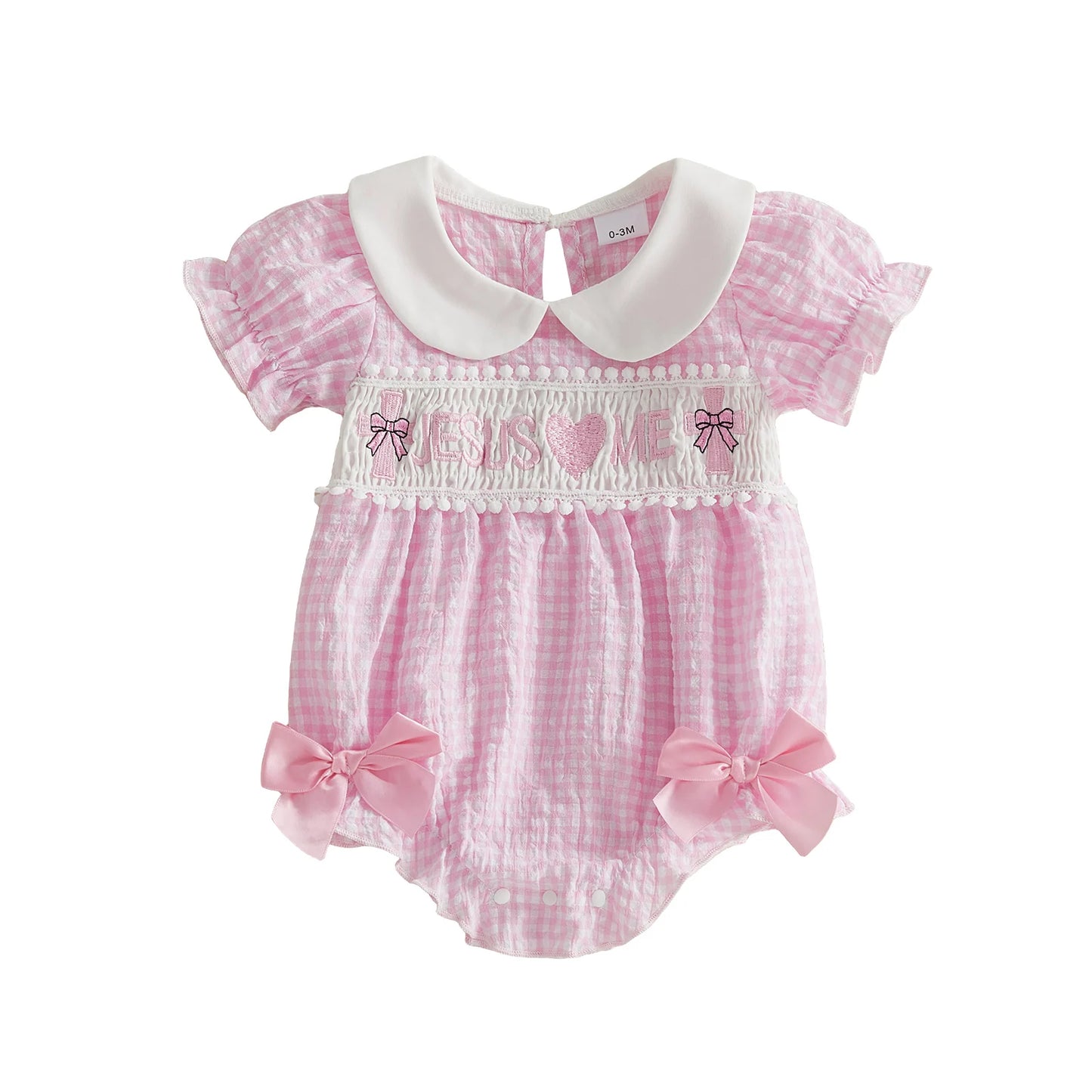 Stylish Baby Girls Summer Romper with Cute Heart Embroidery Short Sleeves Doll Collar and Trendy Plaid Design Jumpsuit