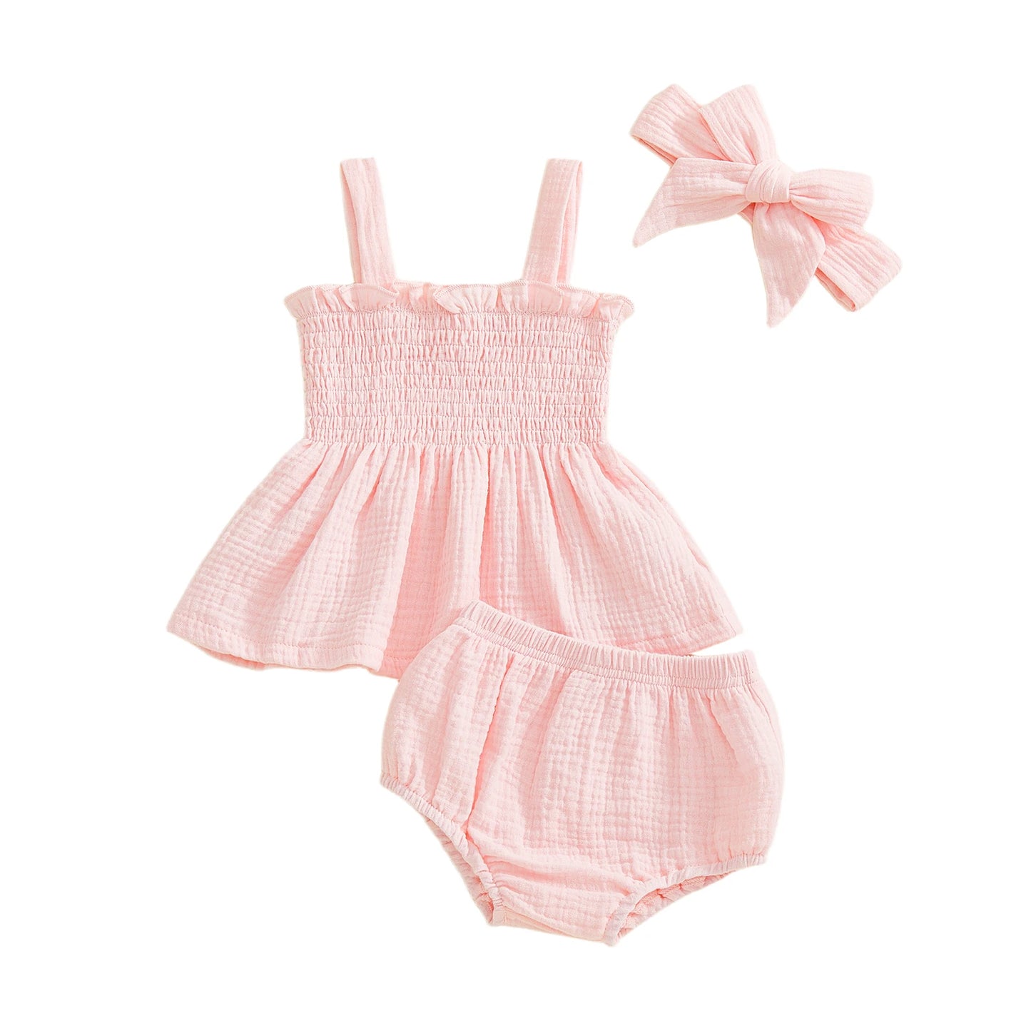 Adorable Baby Girl Summer Set with Solid Color Ruffled Trim Smocked A Line Sleeveless Top Shorts and Matching Headband - 3