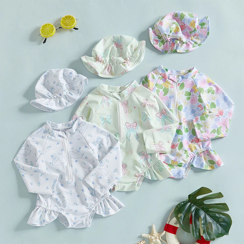 Baby Girls Swimsuit with Long Sleeve Rash Guard and Ruffle