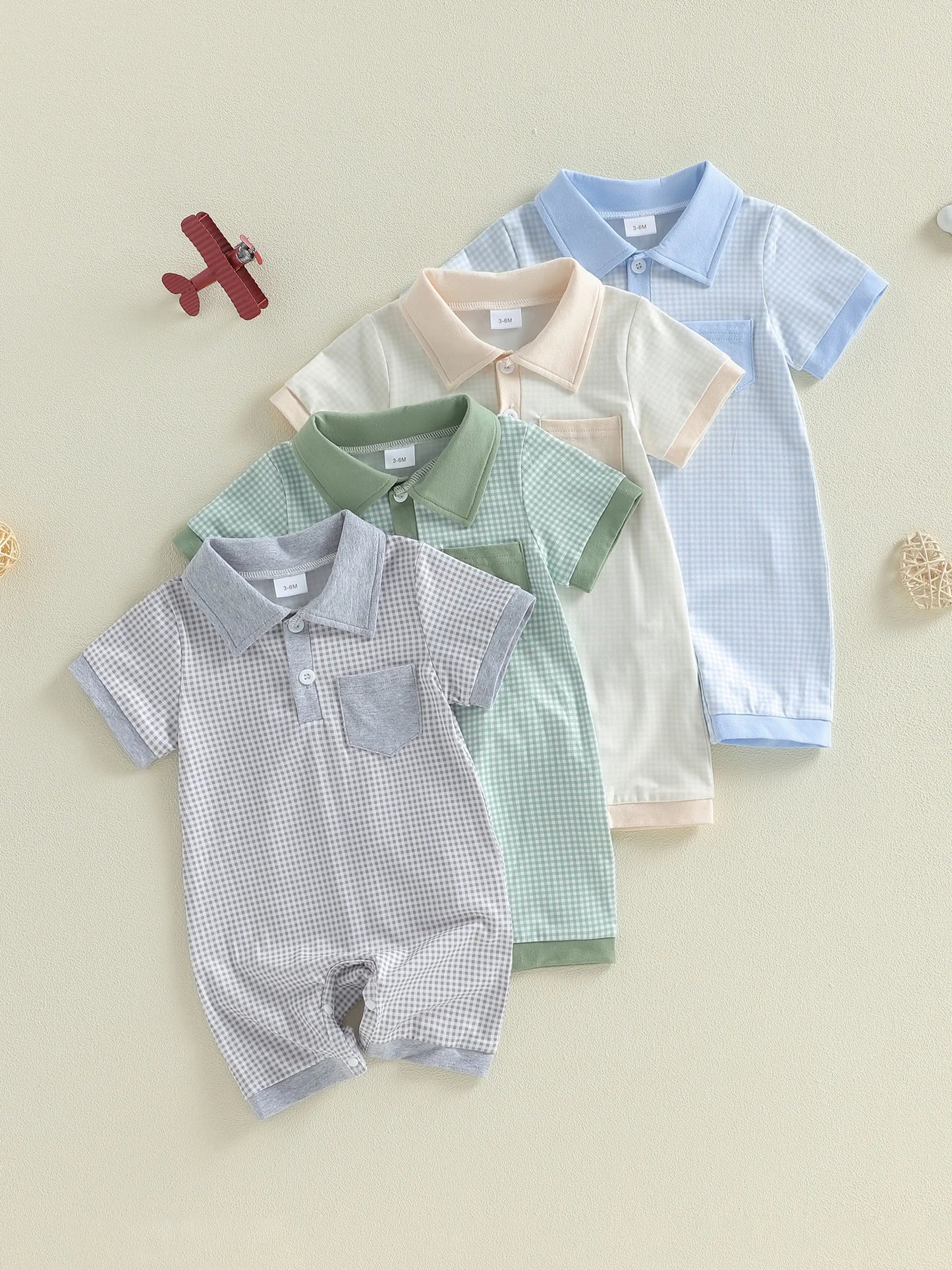 Toddler Boy Romper Lapel Collar Short Sleeve Checkered Print Upper Button Jumpsuit with Pocket Detail