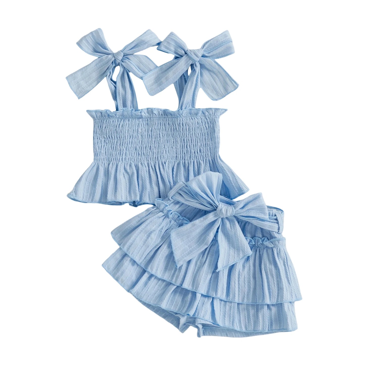 2Pcs Toddler Girls Summer Set Sleeveless Bow Tie Strap Solid Color Smocked Vest Tops and Ruffled Skort Outfit