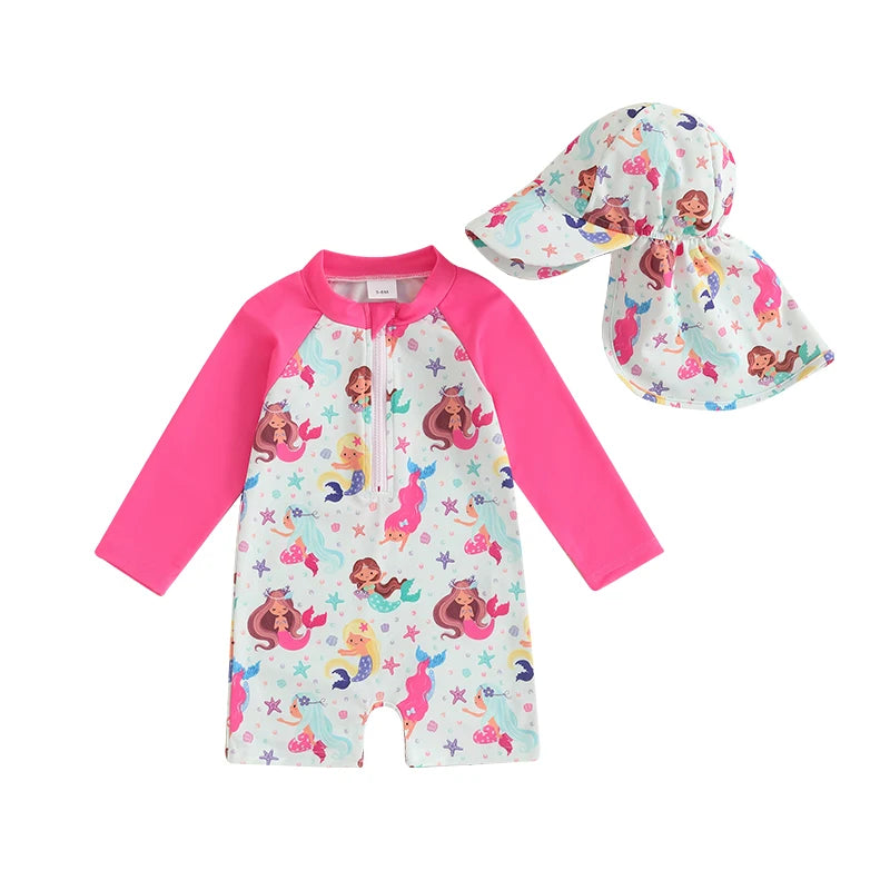 Baby Boy Rash Guard Swimsuit with Hat 2 Pcs Set Shark Pattern Zip Up Long Sleeve Crew Neck Toddler Boy Swimwears
