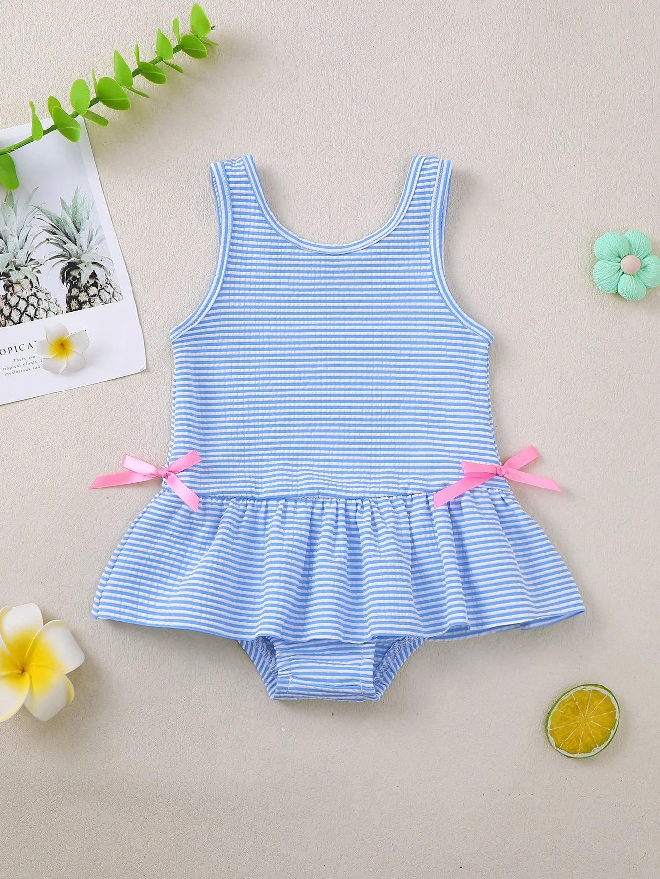 Baby Girl's Solid Stripe One-Piece Swimsuit Sleeveless Bodysuit for Toddlers And Kids