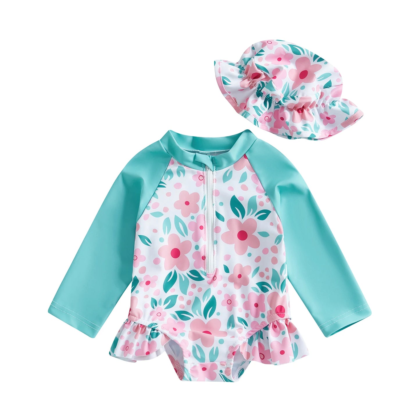 MISOWMNJOY Floral Print Kids Baby Girls Swimsuits Summer Kids Beachwear Long Sleeve Ruffle Bathing Suit Infant Swimwear with Cap