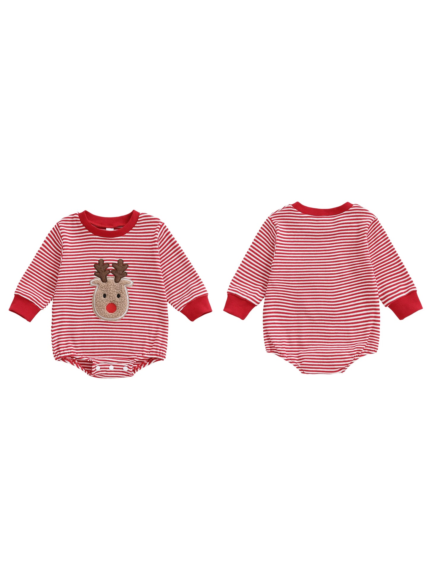 Baby Striped Romper Fashionable Christmas Reindeer Embroidery Round Neck Long Sleeve Jumpsuit