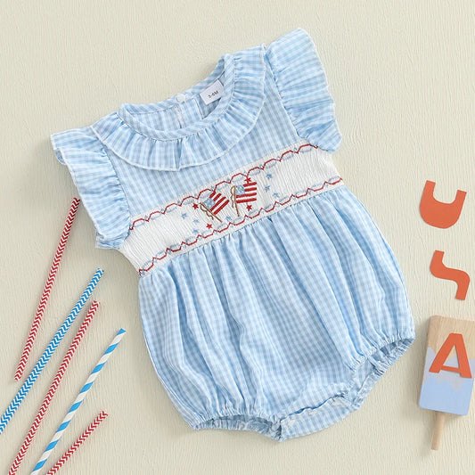 Adorable Infant American Flag Romper with Embroidered Stars and Stripes Perfect for Fourth of July Celebrations and Family