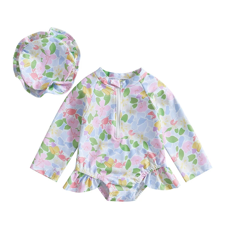 Baby Girls Swimsuit with Long Sleeve Rash Guard and Ruffle
