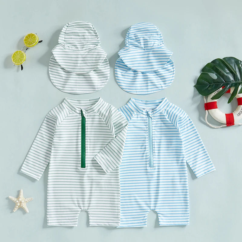 Infant Boys Girls Sun Protection Swimwear Set with Hat 2 Piece UV Rash Guard Suit Striped Zip Up Long Sleeve Crew Neck