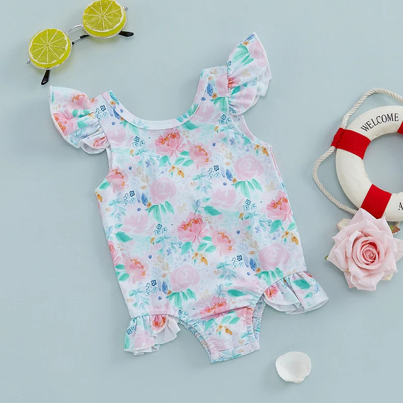 Toddler Girls  Swimsuit with Ruffle Sleeves and Cute Floral Print UPF 50 Sun Protection Baby Girls Swimwear