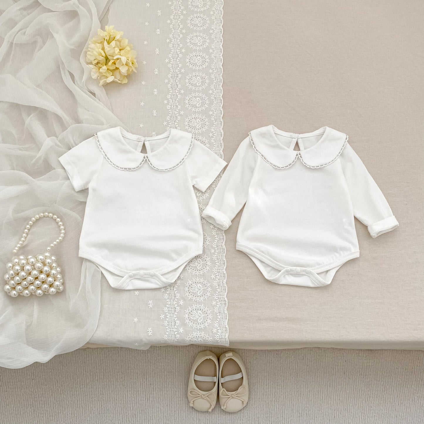 0-24M Baby Girl Romper Baby Girl Clothing Toddler New Girls Lace Collar Romper Cotton White Infant Baby Girls Jumpsuit