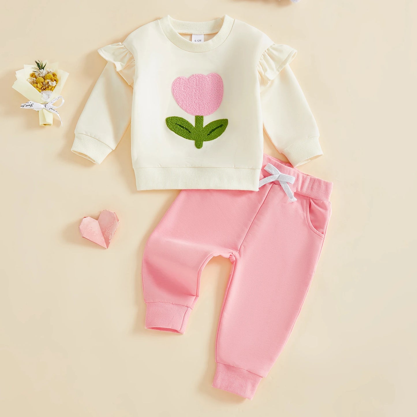Adorable Toddler Girls 2 Piece Clothing Set with Delicate Floral Embroidery Cozy Long Sleeve Top and Stretchy Pants for