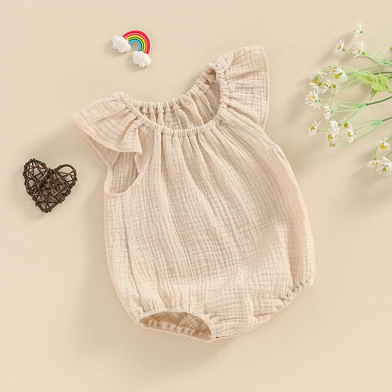 Summer Baby Clothing Girl Boy Rompers Solid Ruffle Sleeve Smocked Bubble Romper Unisex Infants Cotton Linen Jumpsuit