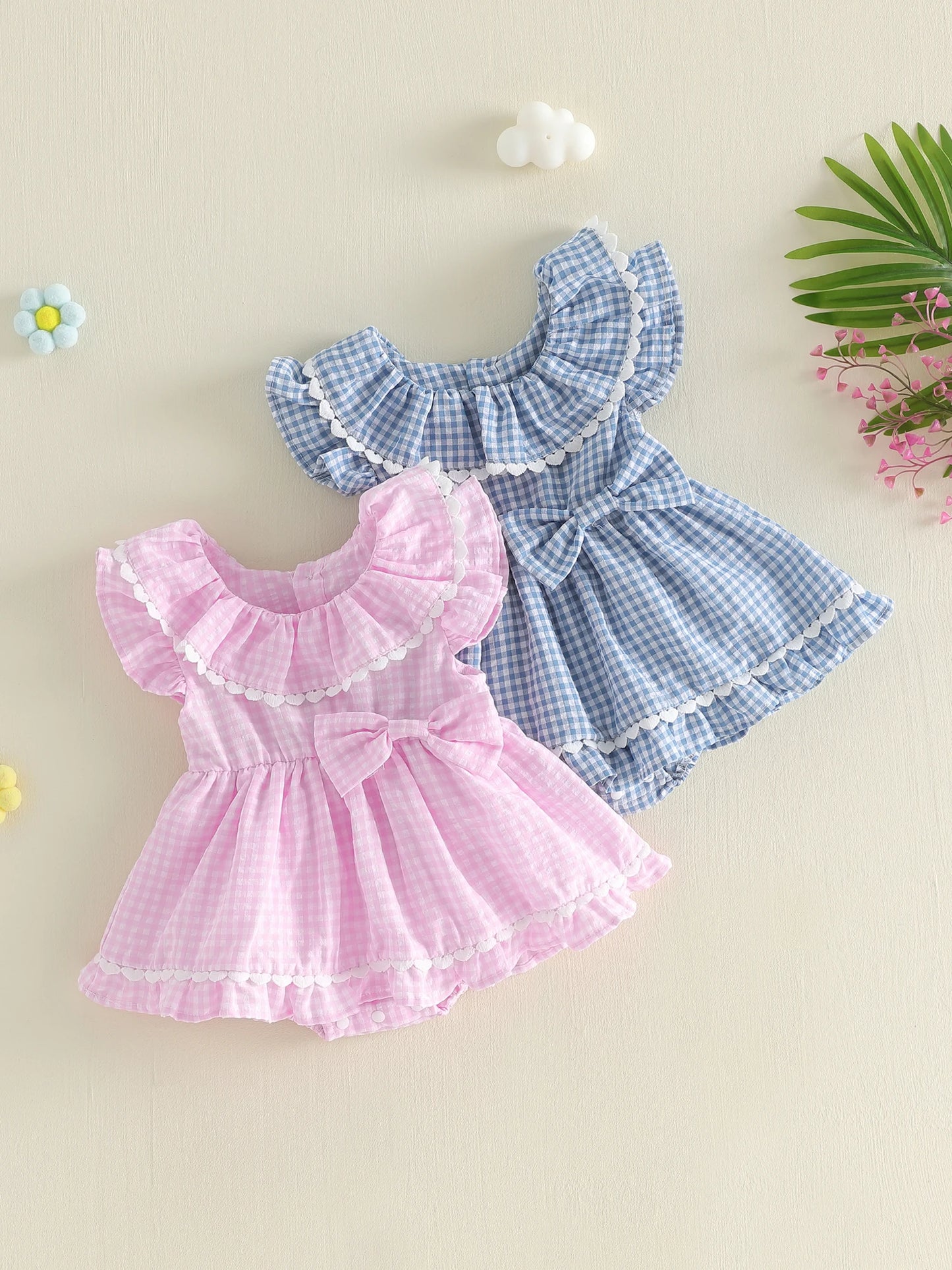 Adorable Infant Summer Romper Dress with Plaid Pattern Sleeveless Round Neck Jumpsuit for Baby Girls