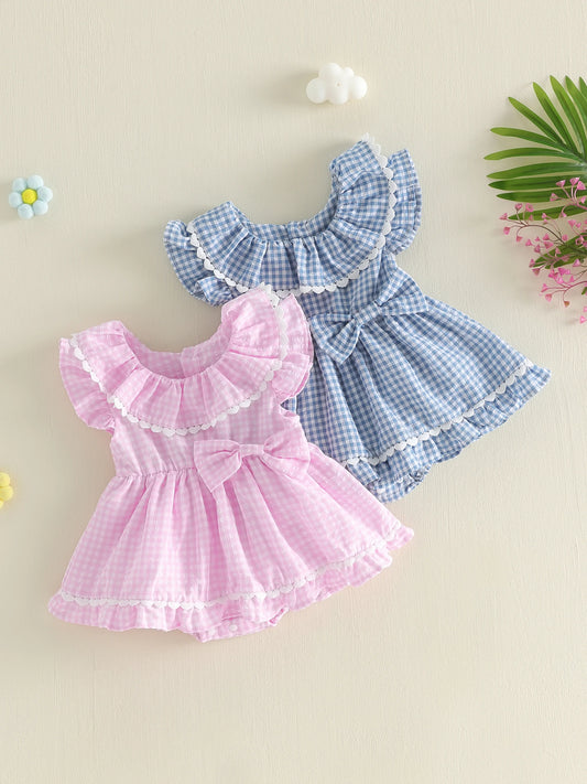 Adorable Infant Summer Romper Dress with Plaid Pattern Sleeveless Round Neck Jumpsuit for Baby Girls
