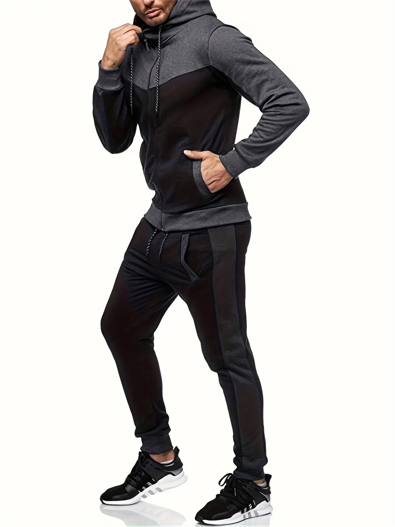 Autumn And Winter Men's Hooded Color Matching Leisure Sports Cardigan Set