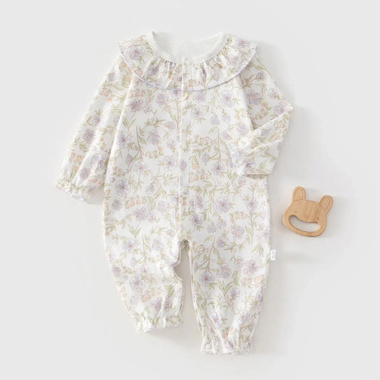 Spring Sleepwear Bodysuit 0-2Y Newborn Infant Girls Cotton Romper Baby Long Sleeve Ruffle Collar