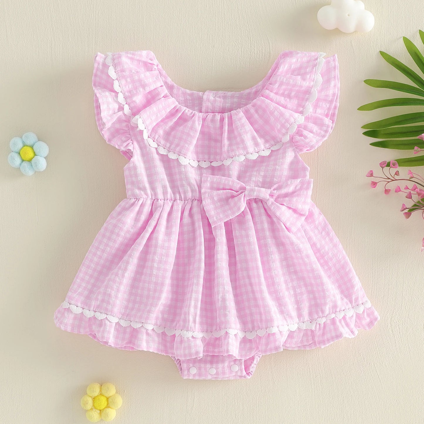 Adorable Infant Summer Romper Dress with Plaid Pattern Sleeveless Round Neck Jumpsuit for Baby Girls