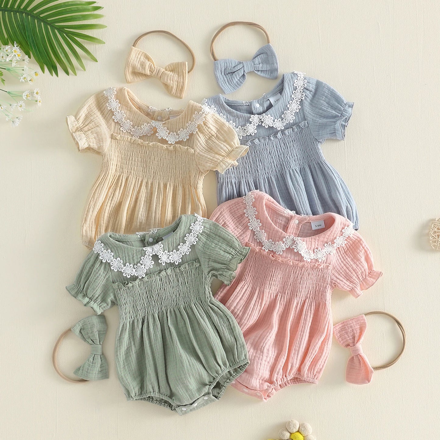 FOCUSNORM 0-18M Lovely Baby Girls Summer Romper Fashionable Flower Trim Short Bubble Sleeve Smocked Jumpsuit with Headband