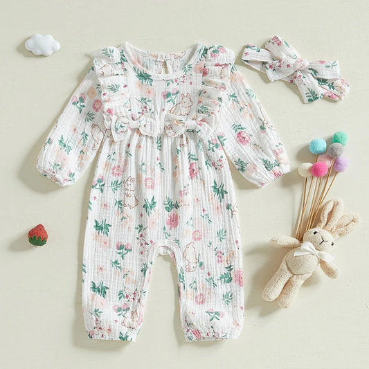 Adorable Baby Girls Romper Long Sleeve Jumpsuit and Matching Headband Set for Toddler