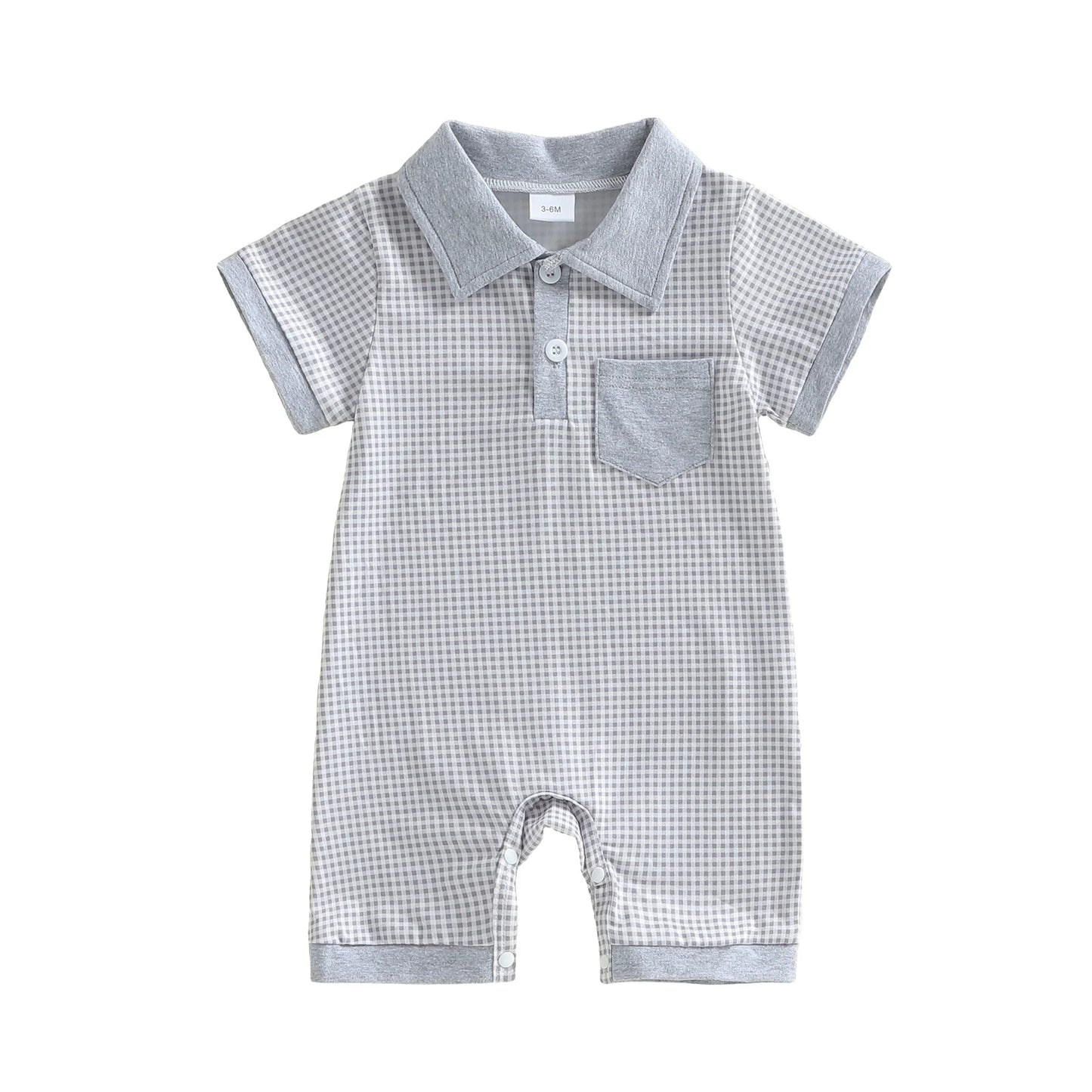 Toddler Boy Romper Lapel Collar Short Sleeve Checkered Print Upper Button Jumpsuit with Pocket Detail