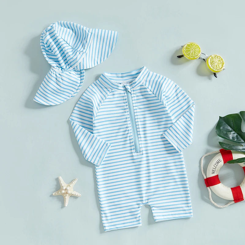 Infant Boys Girls Sun Protection Swimwear Set with Hat 2 Piece UV Rash Guard Suit Striped Zip Up Long Sleeve Crew Neck