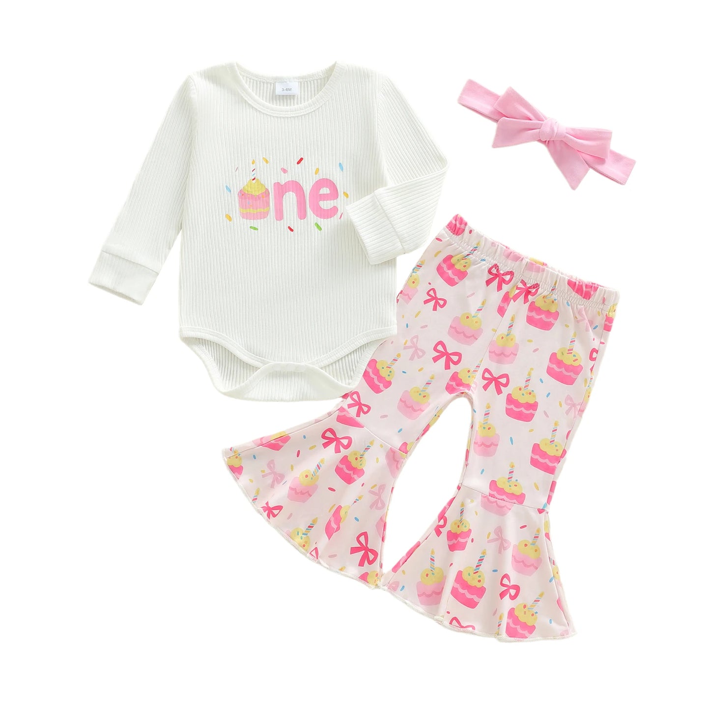 Adorable Baby Girl Birthday Outfit with Long Sleeve Romper Cake Pattern Flare Pants and Bow Headband - 3 Piece Set for a