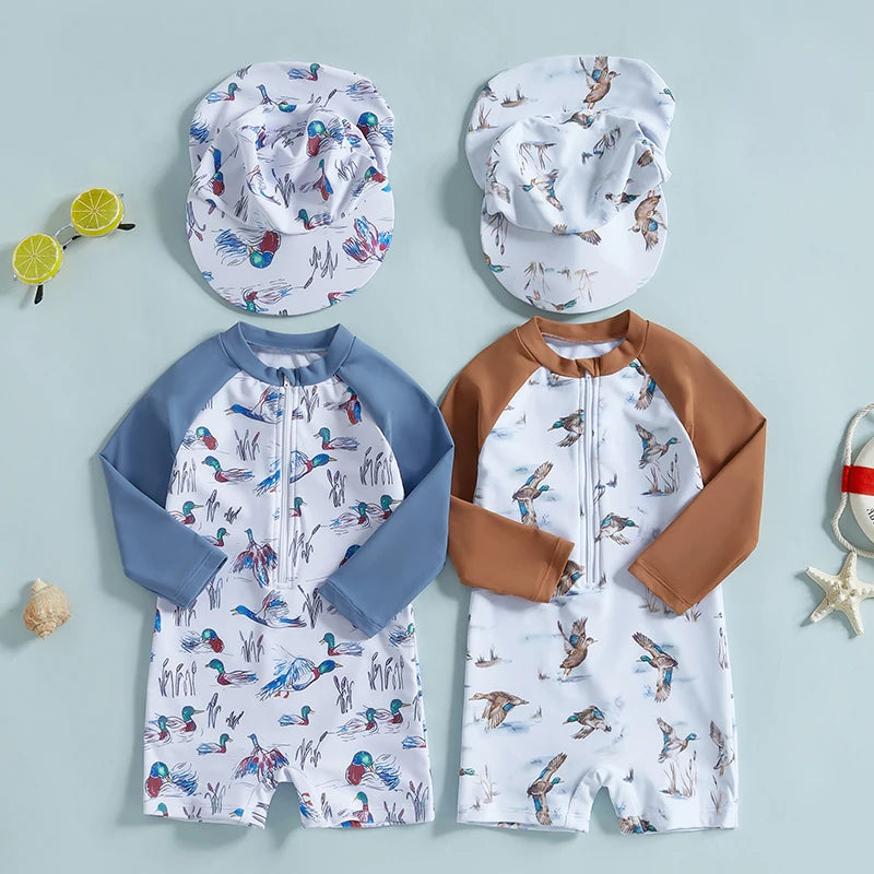 Baby Boy Rash Guard Swimsuit with Hat 2 Pcs Set Zip Up Long Sleeve