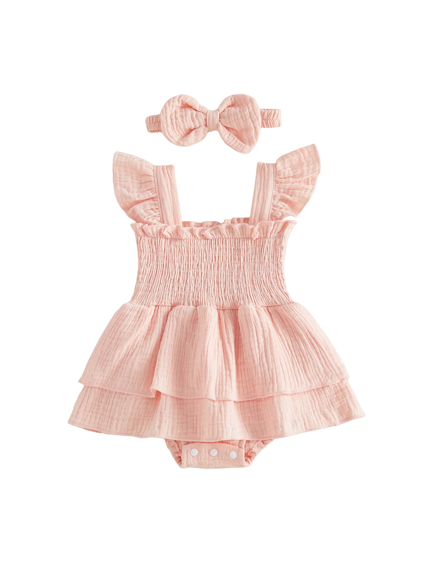Adorable Toddler Girl Floral Print Ruffle Sleeve Romper Dress with Matching Bow Headband 2 Piece Outfit Set for Summer Fun