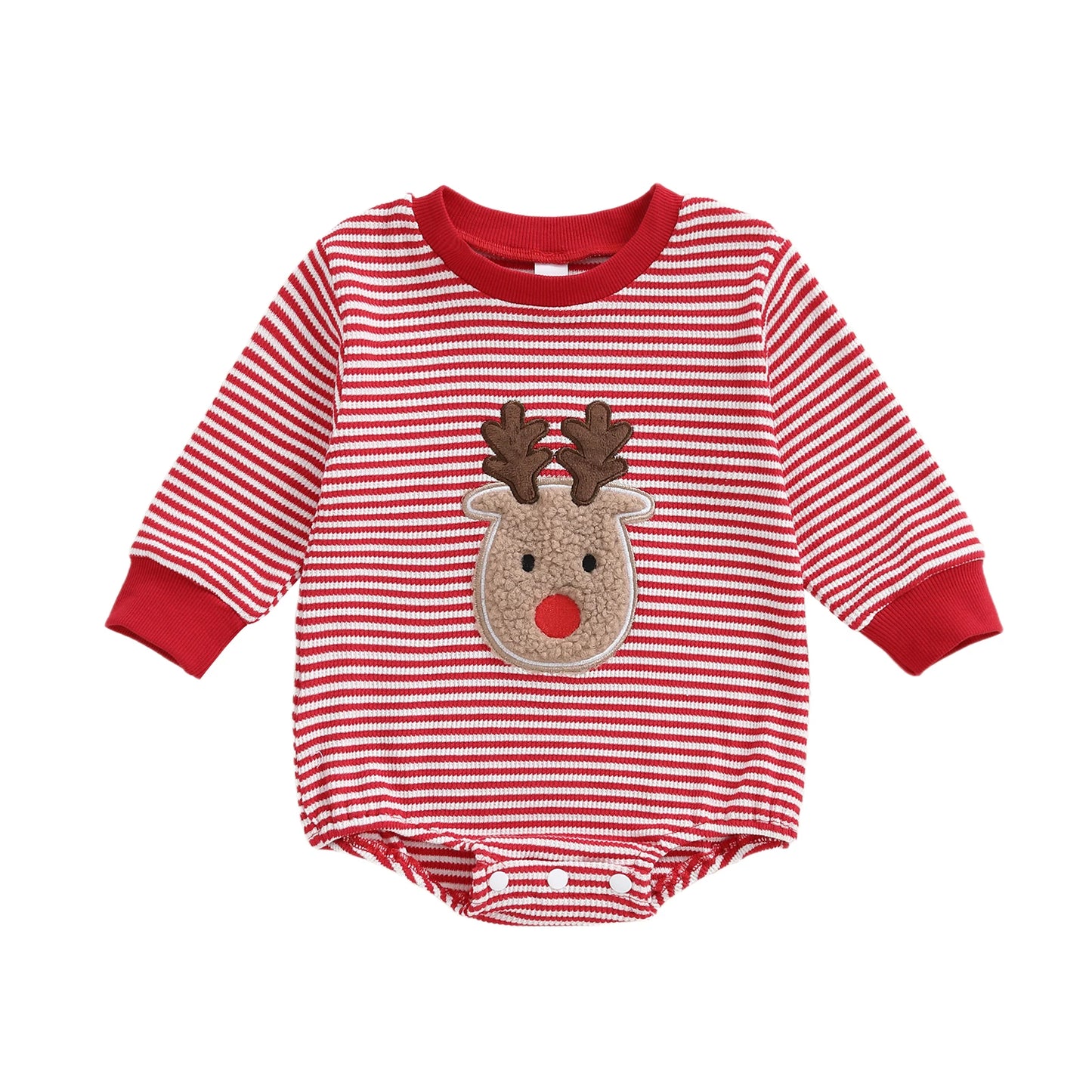 Baby Striped Romper Fashionable Christmas Reindeer Embroidery Round Neck Long Sleeve Jumpsuit